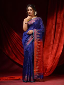CHARUKRITI - Royal Blue Blended Cotton Woven Buttas and Temple Borders Saree with Unstitched Blouse