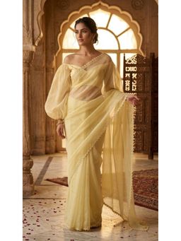 HANDME - Pastel Yellow Organza Floral Lace Saree