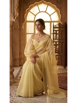 HANDME - Ready To Wear Pastel Yellow Organza Floral Lace Saree