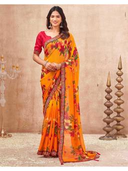 SATRANI - Orange Printed Lace Tassels Georgette Saree