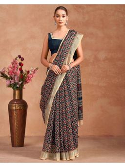SATRANI - Printed Navy Blue Zari Border Linen Saree