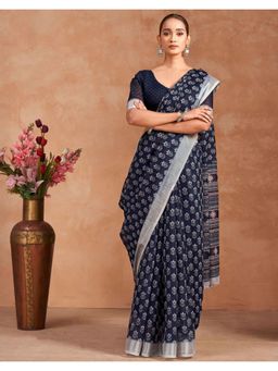 SATRANI - Navy Blue Printed Zari Border Linen Saree