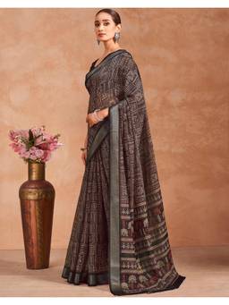 SATRANI - Dark Brown Printed Zari Border Linen Saree