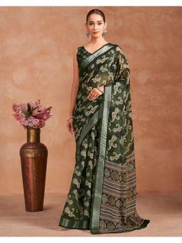 SATRANI - Dark Green Printed Zari Border Linen Saree