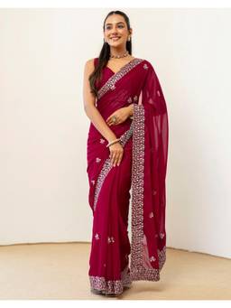 SATRANI - Red Embriodery Scalloped Border Georgette Saree