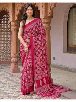 SATRANI - Rani Pink Printed Crepe Saree