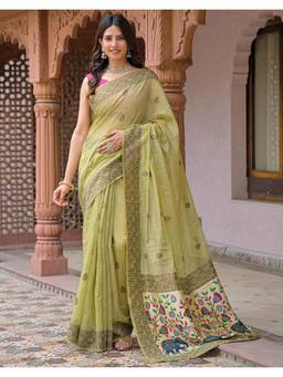 SATRANI - Lime Yellow Printed Chanderi Saree