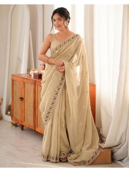SATRANI - Beige Embriodery Scalloped Border Chiffon Saree
