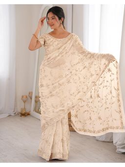 SATRANI - Off White Embroidery and Sequins Work Tissue Silk Saree