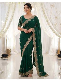 SATRANI - Dark Green Embroidery Scalloped Border Georgette Saree