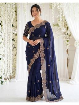 SATRANI - Navy Blue Embroidery Scalloped Border Georgette Saree