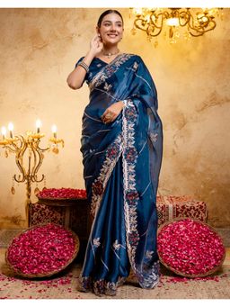 SATRANI - Blue Embroidery Scalloped Border Chiffon Saree