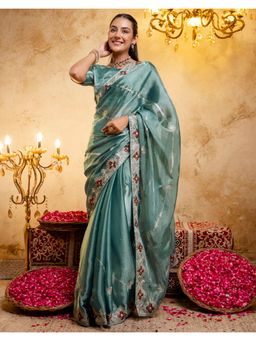 SATRANI - Dusty Mint Blue Embroidery Chiffon Saree