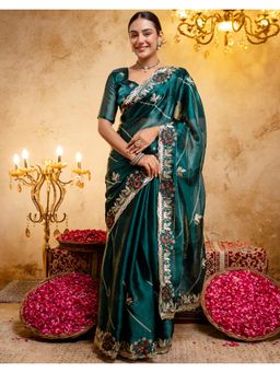 SATRANI - Rama Green Embroidery Scalloped Border Chiffon Saree