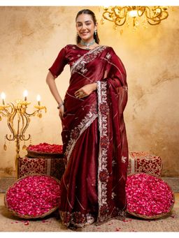 SATRANI - Maroon Embroidery Scalloped Border Chiffon Saree