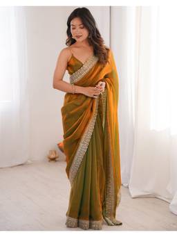 SATRANI - Embroidery Green Scalloped Border Tissue Silk Saree