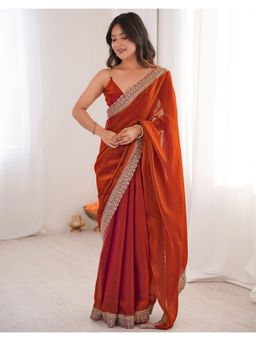 SATRANI - Rust Embroidery Scalloped Border Tissue Silk Saree