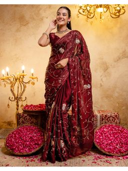 SATRANI - Dark Maroon Sequins Work Hand Work Tissue Silk Saree