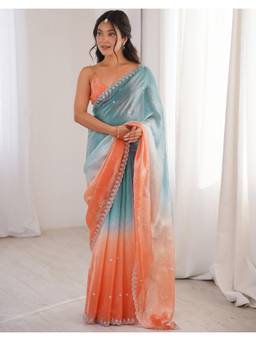 SATRANI - Blue Sequins Embroidery Scalloped Border Satin Saree