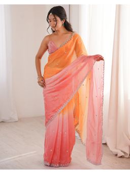 SATRANI - Orange Sequins Embroidery Scalloped Border Satin Saree