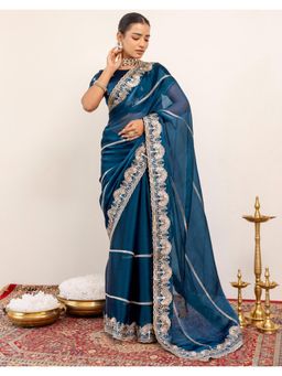 SATRANI - Peacock Blue Embroidery Scalloped Border Chiffon Saree