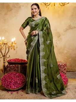 SATRANI - Mehndi Green Embroidery Scalloped Border Chiffon Saree