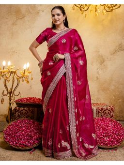 SATRANI - Rani Pink Embroidery Scalloped Border Chiffon Saree