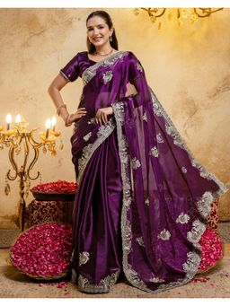 SATRANI - Dark Purple Embroidery Scalloped Border Chiffon Saree