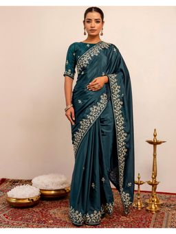 SATRANI - Rama Blue Embroidery Sequins Work Crepe Silk Saree
