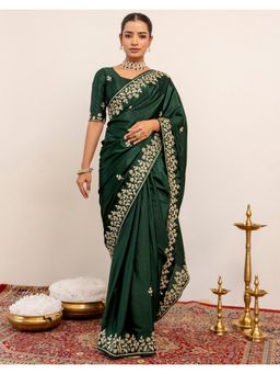 SATRANI - Dark Green Embroidery Sequins Work Crepe Silk Saree