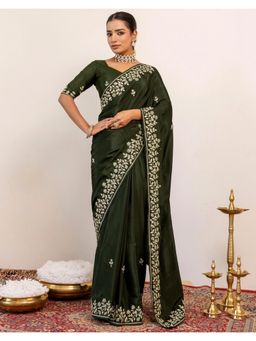 SATRANI - Olive Embroidery Sequins Work Crepe Silk Saree