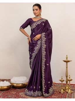 SATRANI - Dark Purple Embroidery Sequins Work Crepe Silk Saree