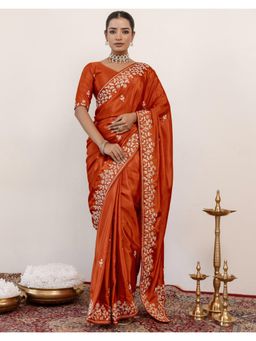 SATRANI - Rust Embroidery Sequins Work Crepe Silk Saree
