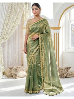 SATRANI - Mint Green Sequins Embroidery Lace Satin Tissue Saree