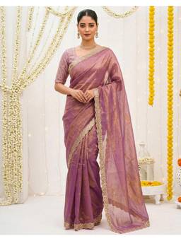 SATRANI - Purple Sequins Embroidery Lace Satin Tissue Saree