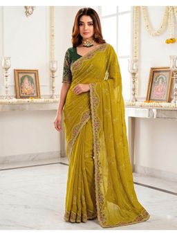 SATRANI - Mustard Embroidery Scalloped Border Georgette Saree