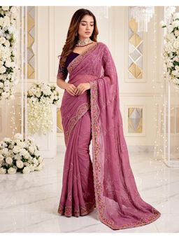 SATRANI - Dusty Mauve Embroidery Scalloped Border Georgette Saree