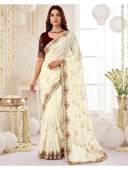 SATRANI - Off-White Embroidery Scalloped Border Georgette Saree