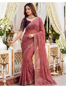 SATRANI - Dusty Pink Embroidery Scalloped Border Georgette Saree