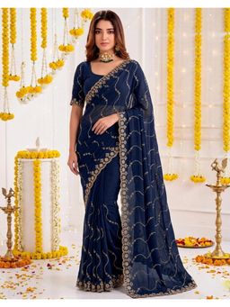 SATRANI - Navy Blue Sequins Embroidery Scalloped Border Silk Saree