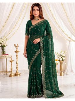 SATRANI - Green Sequins Embroidery Scalloped Border Silk Saree