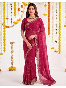 SATRANI - Dark Pink Sequins Embroidery Scalloped Border Silk Saree