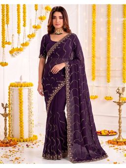SATRANI - Purple Sequins Embroidery Scalloped Border Silk Saree