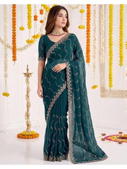 SATRANI - Teal Sequins Embroidery Scalloped Border Silk Saree