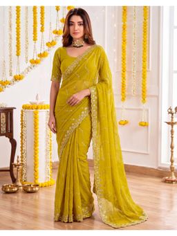 SATRANI - Yellow Sequins Embroidery Scalloped Border Silk Saree