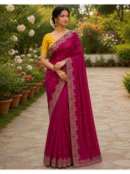 SATRANI - Rani Pink Embroidery Scalloped Border Chinnon Saree