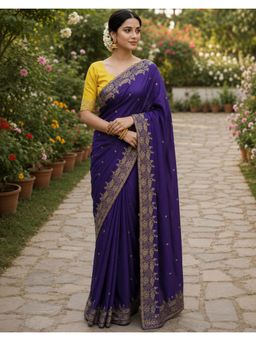 SATRANI - Purple Embroidery Scalloped Border Chinnon Saree