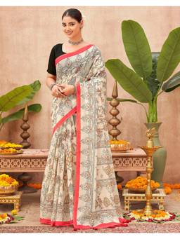 SATRANI - Off-White Printed Tassels Linen Saree