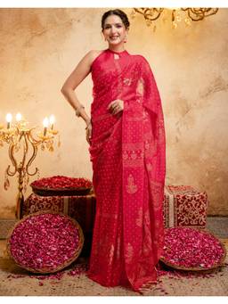 SATRANI - Red Foil Printed Bandhani Printed Tassels Chiffon Saree
