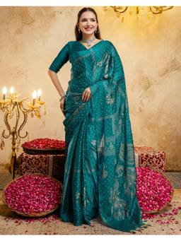 SATRANI - Teal Foil Printed Bandhani Chiffon Saree